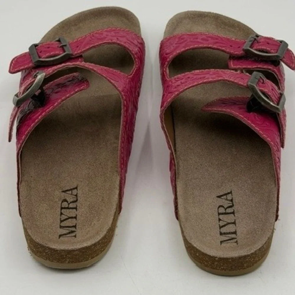 Myra Pink Floral Tooled Leather Slide Sandals EM-5240 P Womens 11 Western Boho